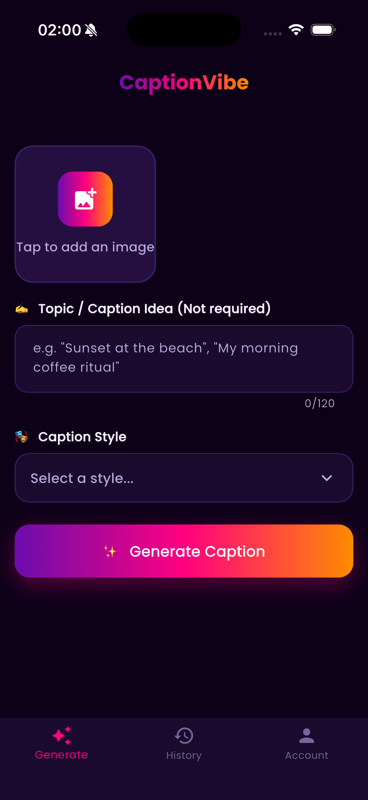 Caption Vibe app generating short funny captions